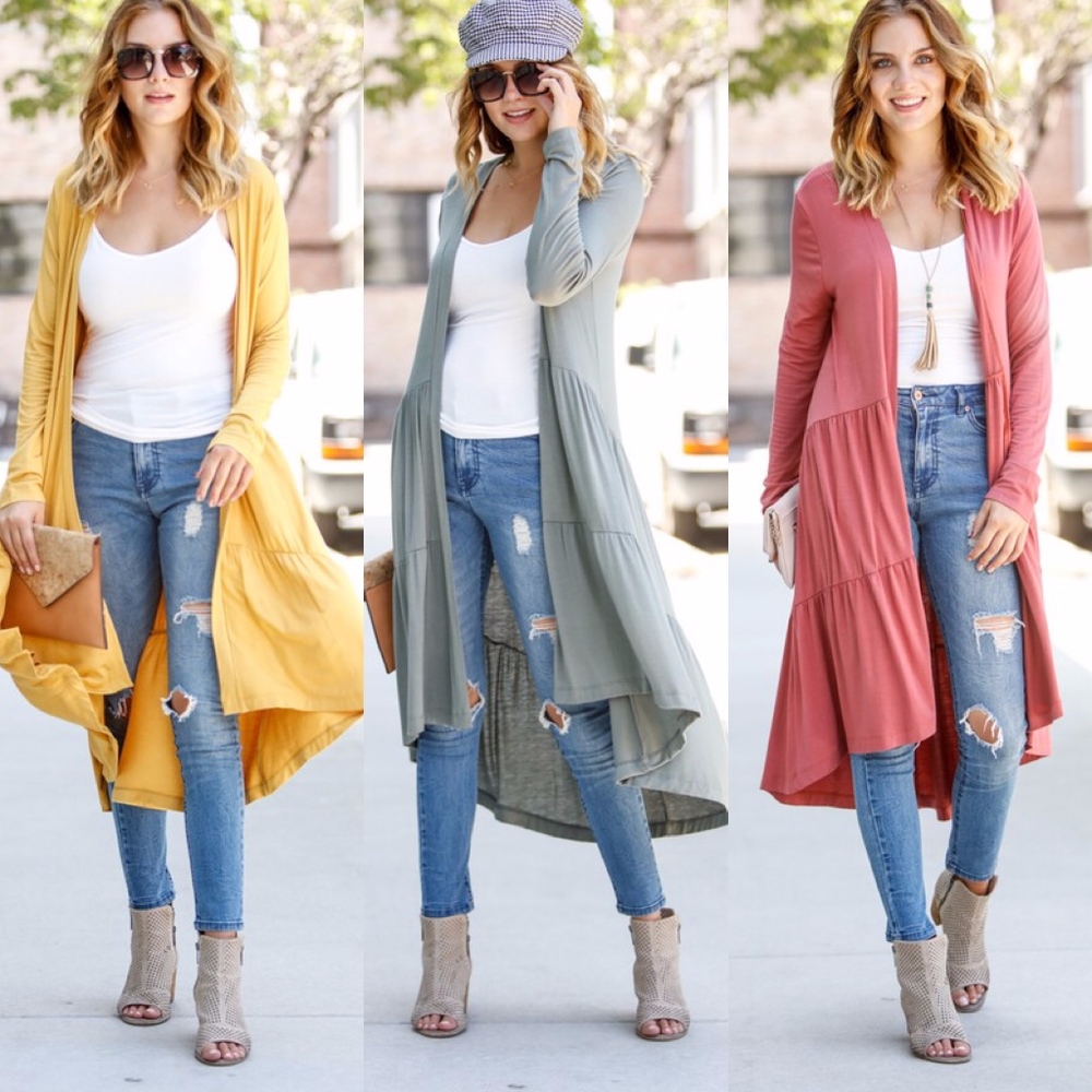 CLARA Long Sleeve Pop of Color Cardigan - SAGE - Picture 1 of 7